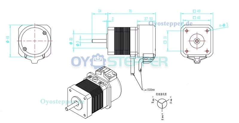 Bürstenloser DC-Servomotor, 64W, 24V, 1,56A, 0,2 Nm, 3000 U/min, mit 1000 Linien Encoder, 42 × 42 mm
